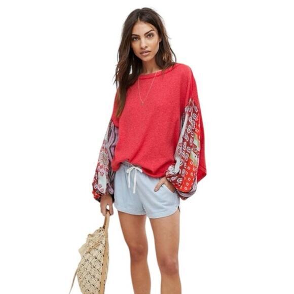 Free People We the Free Women Small Blossom Thermal Top Red Bandana Sleeves Boho - Picture 7 of 17